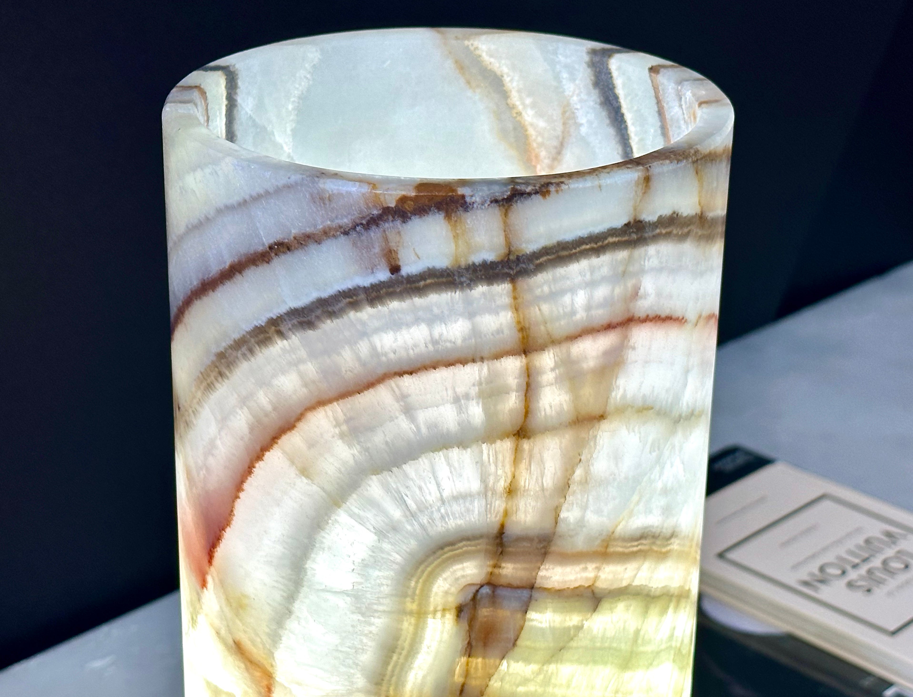 Green Banded Onyx Lamp - Cylindrical Hand-carved Onyx Lamp