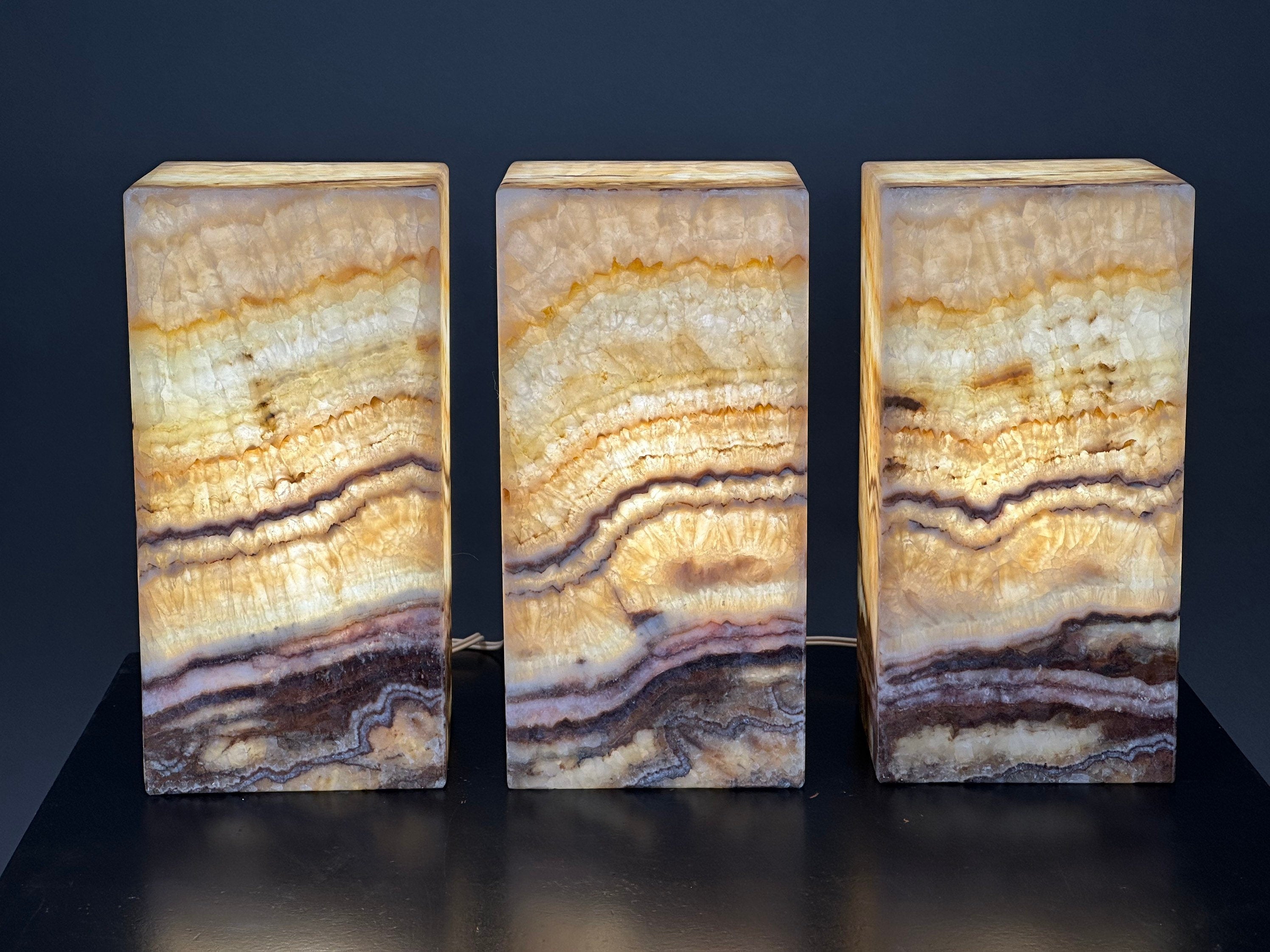 Three Beige Onyx Lamps | Lamp Sets | Stone Lamp | Alabaster Lamps | Onyx Table Lamps | Nightstand Lamps