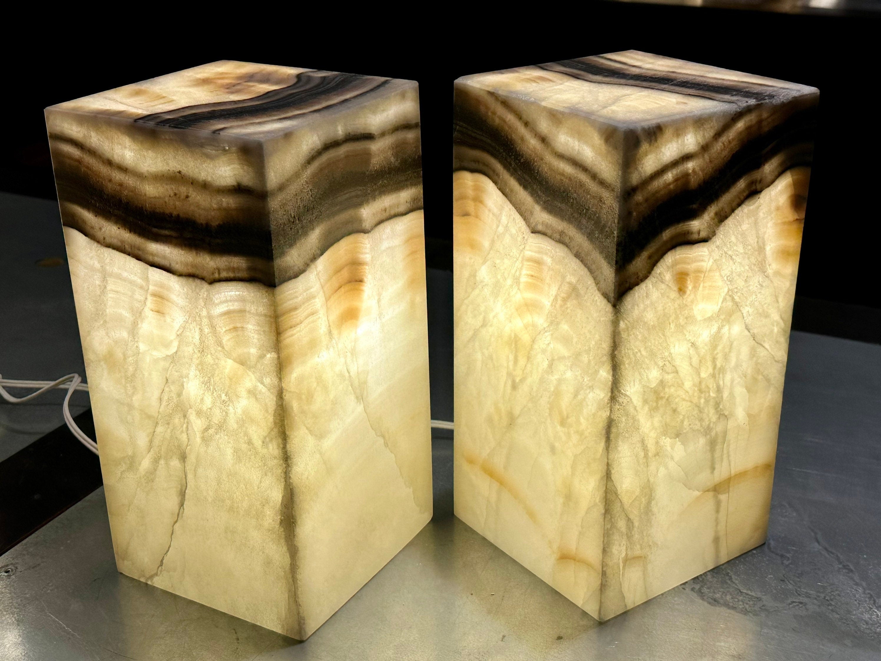 Black Banded Onyx Lamp Set - Nightstand Lamp Set - 12 Inches Tall